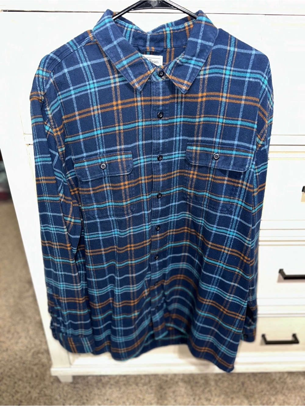L.L. Bean Navy Plaid Button-Down Shirt with Teal and Orange Stripes